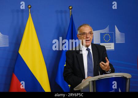 Bruxelles, Belgique. 29 septembre 2023. La commissaire européenne Ylva Johansson et le ministre colombien de la Défense nationale Ivan Velasquez tiennent une conférence de presse conjointe dans le cadre du dialogue UE-Colombie sur les drogues à Bruxelles, en Belgique, le 29 septembre 2023. Crédit : ALEXANDROS MICHAILIDIS/Alamy Live News Banque D'Images