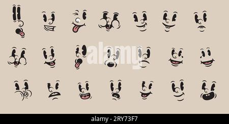 Retro Cartoon Mascot faces Set Funny Vintage Cartoon faces Trendy des années 50 Mascot facial Happy Cartoon personne visage dessin de dessin animé têtes rétro Vintage Cart Illustration de Vecteur