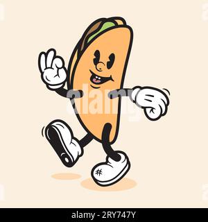 Mignon dessin à la main Taco Cartoon style rétro Mascot Taco Art Character Illustration Taco logo Vector Vintage style 70s 60s Cartoon Illustration de Vecteur