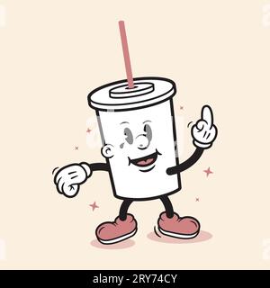 Café rétro personnage Mascot Soda Cartoon Retro Drink personnage Retro Soda Mascot personnage mignon Illustration de Vecteur