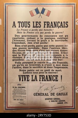 Une copie de la célèbre speach du général de Gaulle 'à tous les Françaiss' au Musée de la résistance et de la Déportation, Grenoble, France. Il a été diffusé le 18 juin 1 Banque D'Images