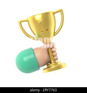 Le gagnant des étoiles tient en main. Trophée d'or. conception de style plat d'illustration 3d. Première place. Prix de la victoire. Réussite gagnante. Symbole de réussite Banque D'Images