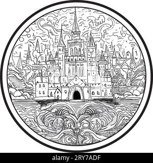 Dessin médiéval fantastique de château, rond Illustration de Vecteur