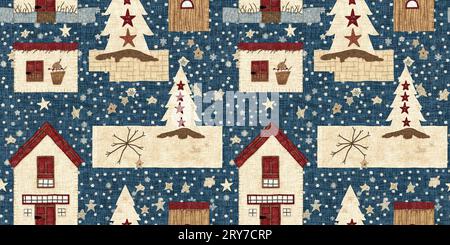 Chalet de noël rustique avec effet de tissu de couture à la main primitive. bordure. Garniture de ruban homespun chic et nostalgique douillet avec americana Banque D'Images