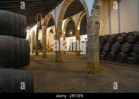 Cave à vin Bodega Caballero, à l'intérieur du château de San Marcos, el Puerto de santa María, Cadix, Andalousie, Espagne. Banque D'Images