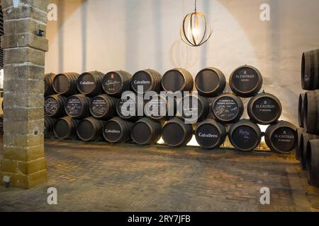 Cave à vin Bodega Caballero, à l'intérieur du château de San Marcos, el Puerto de santa María, Cadix, Andalousie, Espagne. Banque D'Images