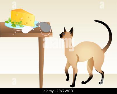 The cat watches the mouse which eats cheese on a t Stock Photo