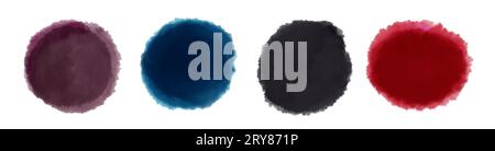 Ensemble de taches aquarelle numériques vectorisées, formes rondes dans les tons violet, noir, bleu et rouge, taches isolées avec fond transparent. Watercolo Banque D'Images