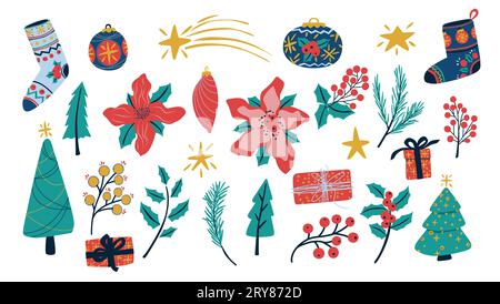 Collection d'éléments décoratifs de Noël vectorisés, avec boules de Noël, arbre de Noël, étoiles, poinsettias, cadeaux et bas. Banque D'Images