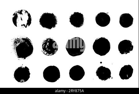 Ensemble de coups de pinceau avec de la peinture, véritables coups faits à la main avec des formes rondes et circulaires, trait vectoriel en couleur noire Banque D'Images