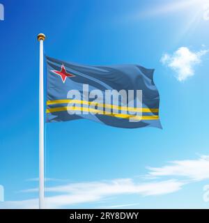 Agitant drapeau d'Aruba sur mât avec fond de ciel. Banque D'Images