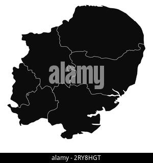 Rendu 3d carte de contour de haute qualité de l'est de l'Angleterre est une région de l'Angleterre, avec des frontières des comtés cérémoniels. Banque D'Images