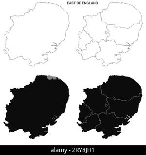 Carte East Anglia, ensemble de cartes administratives de l'est de l'Angleterre - carte vierge de contour Banque D'Images
