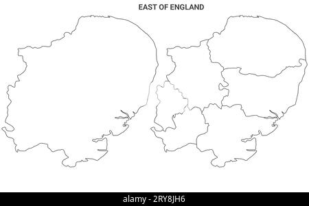 Carte East Anglia, ensemble de cartes administratives de l'est de l'Angleterre - carte vierge de contour Banque D'Images