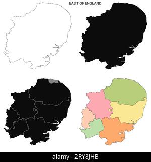 Carte East Anglia, ensemble de cartes administratives de l'est de l'Angleterre - carte vierge de contour Banque D'Images