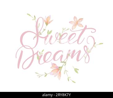 Sweet Dreams Baby Lettering, Aquarelle Wildflowers, Baby Card Lettering, fond blanc, qualité d'impression Banque D'Images