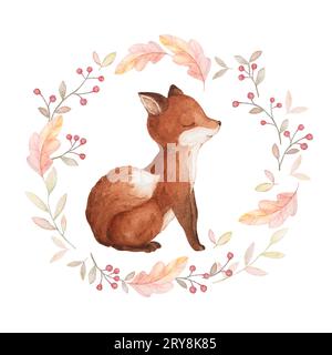 Baby Fox Illustration, Fall Wreath clip Art, Little Fox Aquarelle, composition pré-faite Banque D'Images