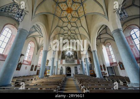 Orgue loft, église collégiale catholique romaine de St. Philipp et St. Jakob, l'église paroissiale actuelle est un bâtiment classé, Bad Groenenbach, Bavière Banque D'Images