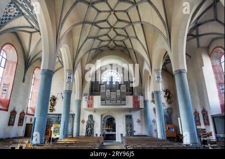 Orgue loft, église collégiale catholique romaine de St. Philipp et St. Jakob, l'église paroissiale actuelle est un bâtiment classé, Bad Groenenbach, Bavière Banque D'Images