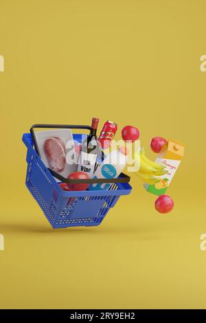 Panier de supermarché avec divers articles sur un fond jaune. illustration 3d. Banque D'Images