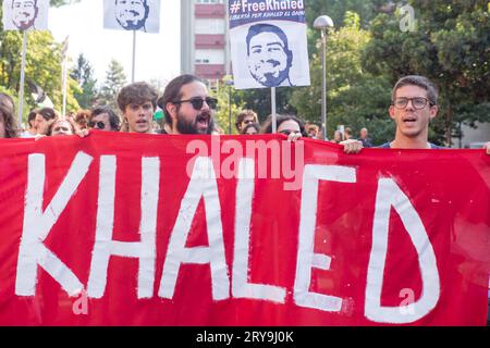 Rome, Italie. 28 septembre 2023. Manifestation au sein de l'Université la Sapienza de Rome organisée par des étudiants universitaires pour demander la libération de Khaled El Qaisi (photo de Matteo Nardone/Pacific Press) crédit : Pacific Press Media production Corp./Alamy Live News Banque D'Images