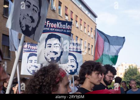 Rome, Italie. 28 septembre 2023. Manifestation au sein de l'Université la Sapienza de Rome organisée par des étudiants universitaires pour demander la libération de Khaled El Qaisi (photo de Matteo Nardone/Pacific Press) crédit : Pacific Press Media production Corp./Alamy Live News Banque D'Images