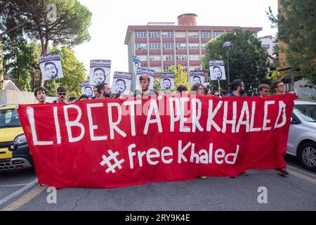 Rome, RM, Italie. 28 septembre 2023. Manifestation au sein de l'Université la Sapienza de Rome organisée par des étudiants universitaires pour demander la libération de Khaled El Qaisi (image de crédit : © Matteo Nardone/Pacific Press via ZUMA Press Wire) À USAGE ÉDITORIAL UNIQUEMENT! Non destiné à UN USAGE commercial ! Banque D'Images