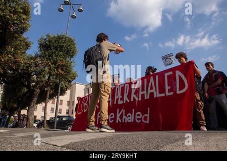 Rome, RM, Italie. 28 septembre 2023. Manifestation au sein de l'Université la Sapienza de Rome organisée par des étudiants universitaires pour demander la libération de Khaled El Qaisi (image de crédit : © Matteo Nardone/Pacific Press via ZUMA Press Wire) À USAGE ÉDITORIAL UNIQUEMENT! Non destiné à UN USAGE commercial ! Banque D'Images