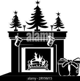 Icône de cheminée de Noël. La cheminée est décorée avec des chaussettes du nouvel an. Feu dans la cheminée. Le symbole du confort. Illustrati vectoriel dessiné à la main Illustration de Vecteur