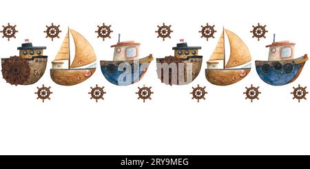 Motif décoratif rectangulaire sans couture composé d'illustrations aquarelles sur le thème de la mer Banque D'Images