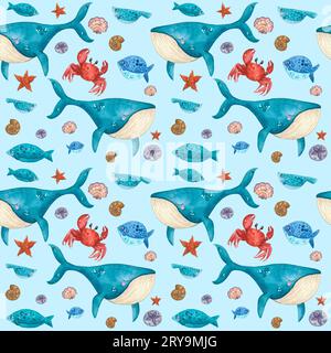 Un motif composé d'illustrations aquarelles d'animaux marins Banque D'Images