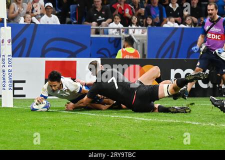 Lyon, France. 29 septembre 2023. ange capuozzo marque un essai pour l'italie lors du match Italie vs Nouvelle-Zélande, coupe du monde de rugby à Lyon, France, septembre 29 2023 crédit : Agence de photo indépendante/Alamy Live News Banque D'Images