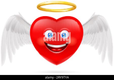 Personnage de coeur rouge avec Golden Nimbus et White Angel Wings. Illustration de style dessin animé mignon. Symbole amour romantique. St Valentine Greetin Illustration de Vecteur