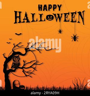 Affiche d'Halloween, conception de modèle de flyer. Conception d'affiche de fête d'Halloween heureuse avec vieil arbre, cimetière, araignée, hibou et citrouille effrayante. Couverture d'art horreur Illustration de Vecteur
