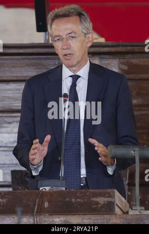 Napoli, Italie. 29 septembre 2023. Gaetano Manfredi, maire de Naples, participe à l'événement itinérant in viaggio con la banca d'italia pour promouvoir la culture financière à Naples du 29 au 16 septembre 2023 au maschio angioino Credit : Independent photo Agency/Alamy Live News Banque D'Images