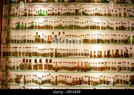 A Bassano del Grappa - Italie - le 2018 octobre - exposition de bouteilles de liqueur dans une ancienne distillerie Banque D'Images
