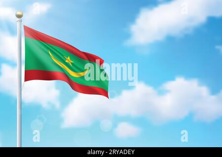 Agitant drapeau de Mauritanie sur fond de ciel. Modèle pour la conception d'affiche de jour d'indépendance Illustration de Vecteur