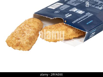 Le poisson congelé dans une boîte en carton sur une surface blanche Banque D'Images