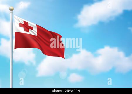 Agitant drapeau de Tonga sur fond de ciel. Modèle pour la conception d'affiche de jour d'indépendance Illustration de Vecteur