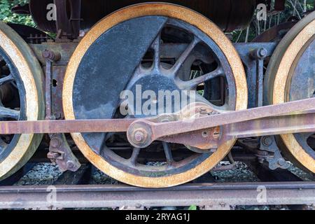 Gros plan des roues motrices de train à l'ancienne - Skagway, Alaska, États-Unis Banque D'Images