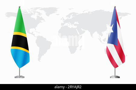 La Tanzanie et Porto Rico drapeaux pour la réunion officielle sur fond de carte du monde. Illustration de Vecteur