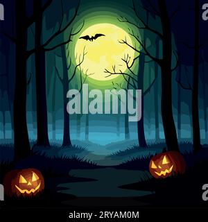 Scène d'Halloween. Hantant le fond de Hallowen cauchemar, paysage d'horreur de dessin animé fantôme effrayant à la tombe de pierres tombales dans la colline sombre de la forêt avec la pleine lune, illustration vectorielle de halloween Illustration de Vecteur