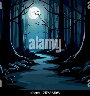 Scène d'Halloween. Hantant le fond de Hallowen cauchemar, paysage d'horreur de dessin animé fantôme effrayant à la tombe de pierres tombales dans la colline sombre de la forêt avec la pleine lune, illustration vectorielle de halloween Illustration de Vecteur