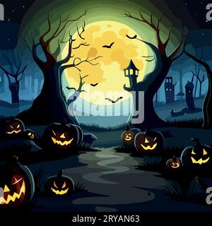 Scène d'Halloween. Hantant le fond de Hallowen cauchemar, paysage d'horreur de dessin animé fantôme effrayant à la tombe de pierres tombales dans la colline sombre de la forêt avec la pleine lune, illustration vectorielle de halloween Illustration de Vecteur