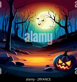 Scène d'Halloween. Hantant le fond de Hallowen cauchemar, paysage d'horreur de dessin animé fantôme effrayant à la tombe de pierres tombales dans la colline sombre de la forêt avec la pleine lune, illustration vectorielle de halloween Illustration de Vecteur