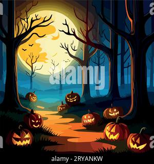 Scène d'Halloween. Hantant le fond de Hallowen cauchemar, paysage d'horreur de dessin animé fantôme effrayant à la tombe de pierres tombales dans la colline sombre de la forêt avec la pleine lune, illustration vectorielle de halloween Illustration de Vecteur