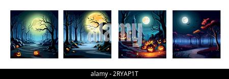 Mettez en place la bannière Halloween effrayante scène de citrouilles effrayantes. Forêt effrayante et effrayante en octobre nuit sombre automne sombre sombre paysage sombre d'automne créepy. Illustration vectorielle du concept de toile de fond extérieure Happy Halloween Illustration de Vecteur