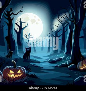 Scène d'Halloween. Nuit mystérieuse Misty Forest avec des citrouilles brillantes sur le fond de la pleine lune, illustration vectorielle de halloween Illustration de Vecteur