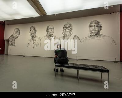 Un visiteur regarde le travail de Barbara Walker avec sa nomination pour le Turner Prize de cette année à la Towner Gallery, Eastbourne, East Sussex, Royaume-Uni Banque D'Images