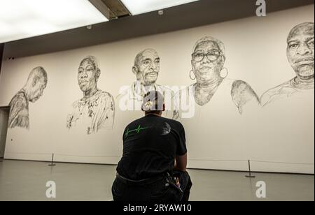 Un visiteur regarde le travail de Barbara Walker avec sa nomination pour le Turner Prize de cette année à la Towner Gallery, Eastbourne, East Sussex, Royaume-Uni Banque D'Images